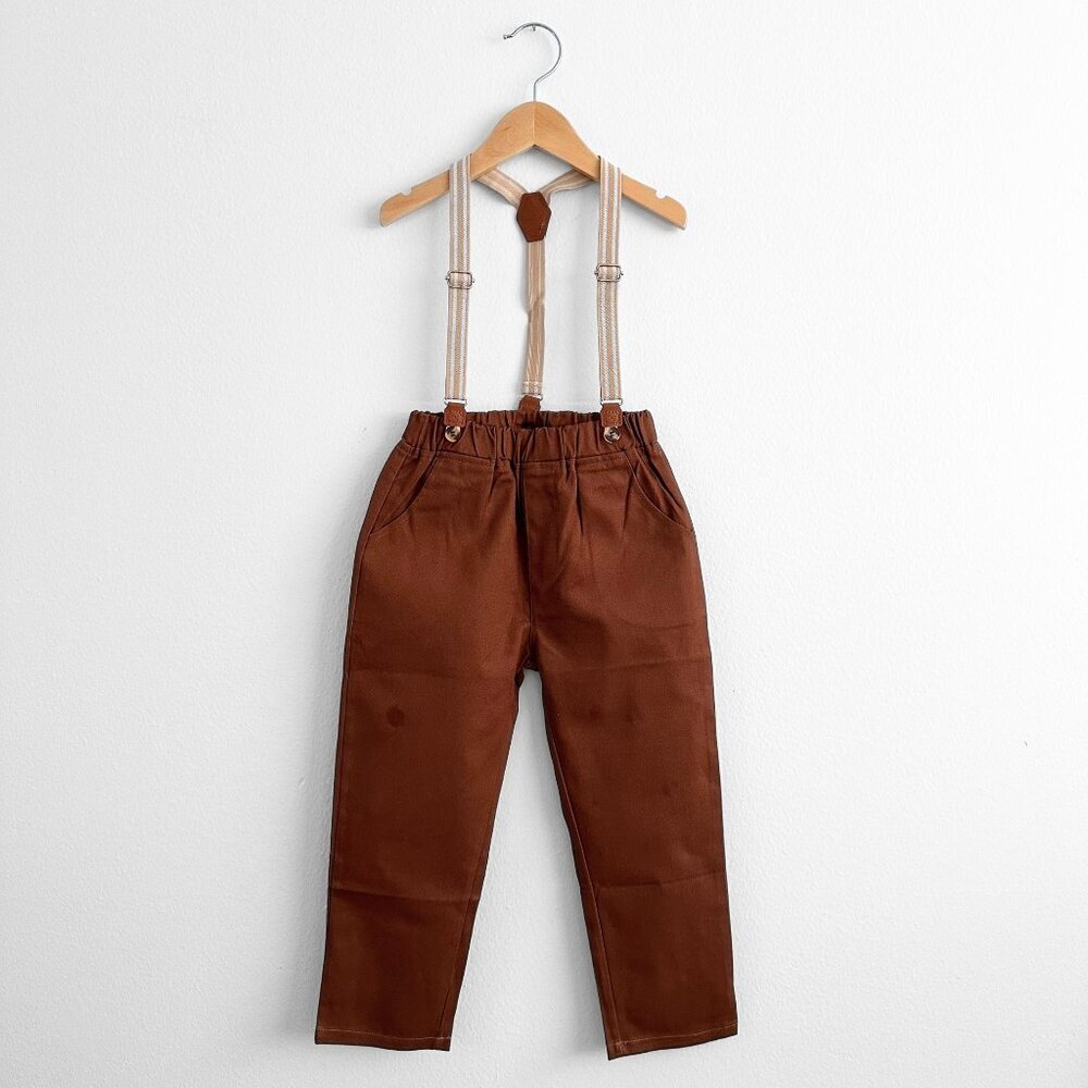 NWT Handsome Boys Dress Shirt, Bow Tie, Pants & Suspenders Set Tan & Brown 6-9M - Picture 4 of 5